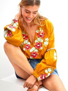 Anthropologie Forever That Girl Golden Mustard Floral Embroidered Peasant Top